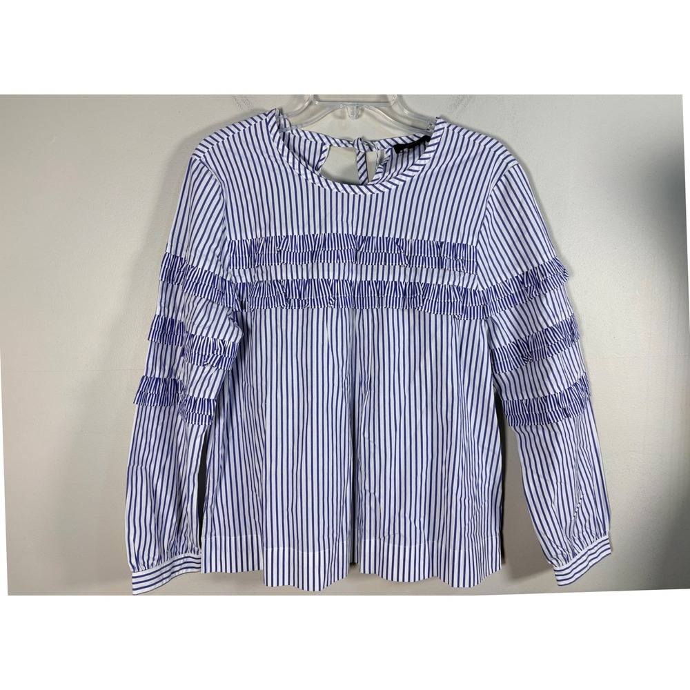 J.Crew Ruffle Stripe Blouse Womens 10 Blue‎ White Excellent Cotton Keyhole Tie